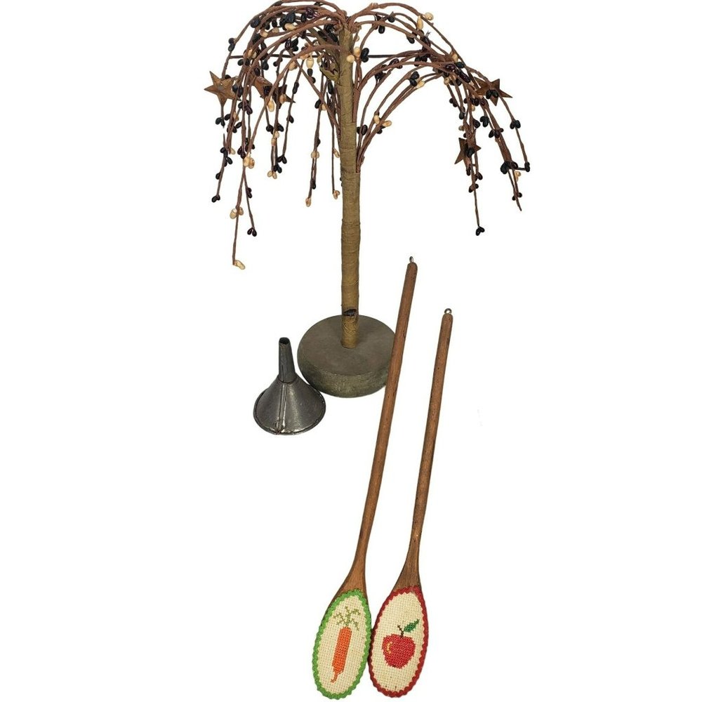 Primitive Farmhouse Kitchen Decorations Willow Tree, Funnel, and 2 Spoons